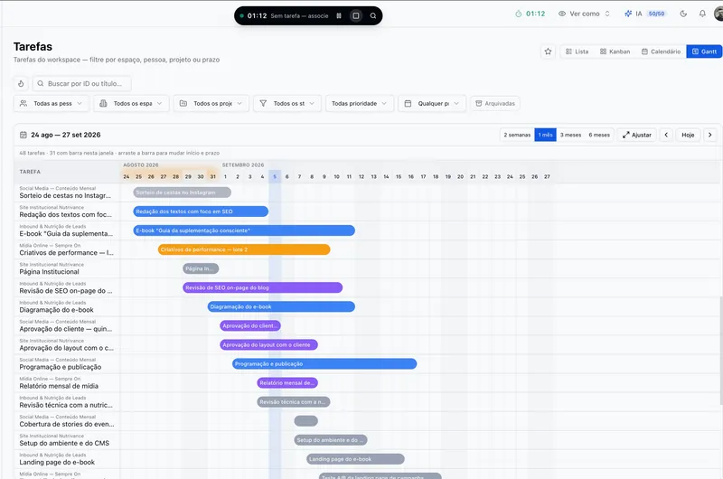 Gantt do Task4.Work com as barras de cada tarefa ao longo de agosto e setembro