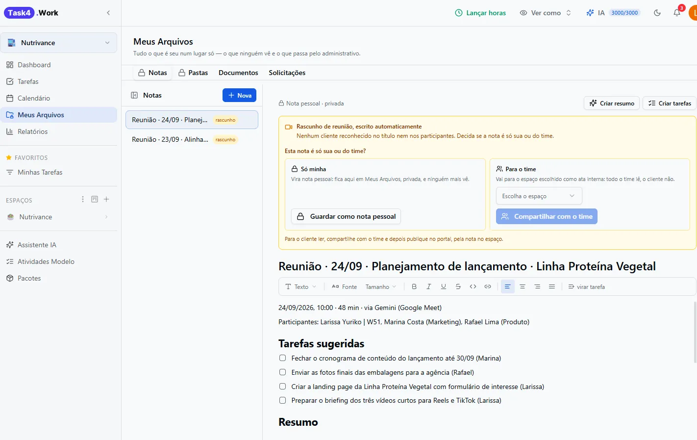 A nota de uma reunião no Task4.Work: resumo, decisões e a lista de ações sugeridas, cada uma com o botão de virar tarefa